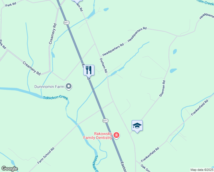 map of restaurants, bars, coffee shops, grocery stores, and more near 135 Durham Road in Ottsville