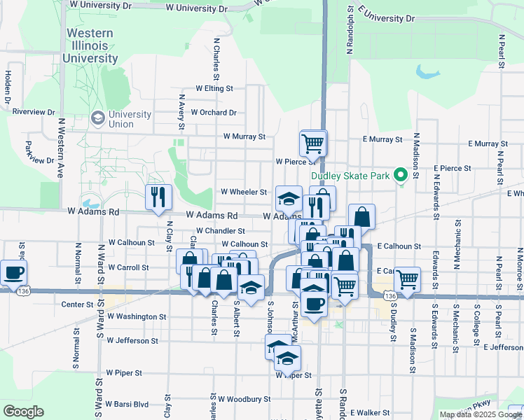 map of restaurants, bars, coffee shops, grocery stores, and more near 314 West Adams Street in Macomb