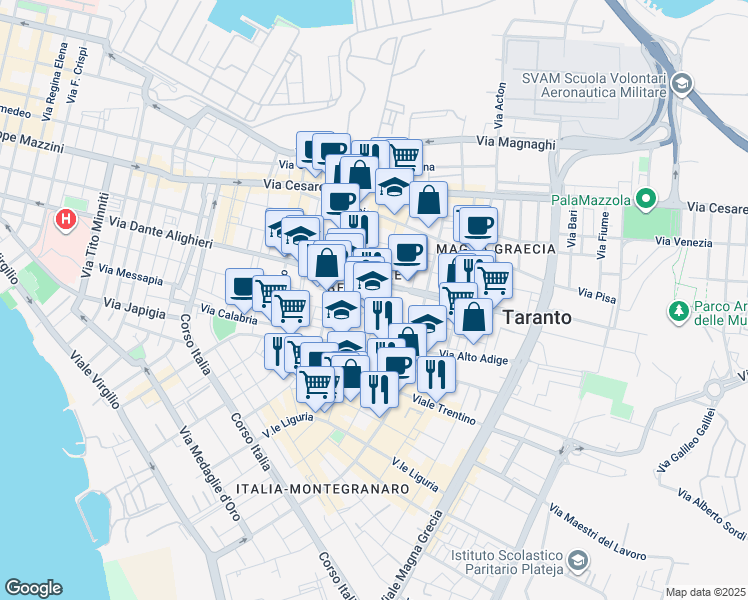 map of restaurants, bars, coffee shops, grocery stores, and more near 32 Via Solito in Taranto