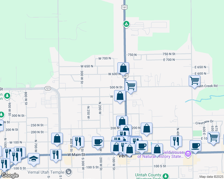 map of restaurants, bars, coffee shops, grocery stores, and more near 119 West 500 North in Vernal
