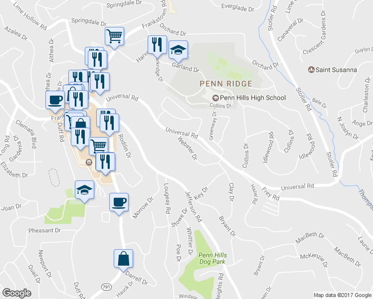 map of restaurants, bars, coffee shops, grocery stores, and more near 132 Webster Drive in Pittsburgh