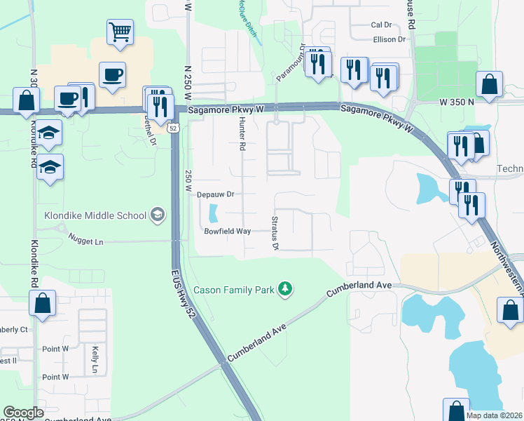map of restaurants, bars, coffee shops, grocery stores, and more near 3144 Stratus Drive in West Lafayette