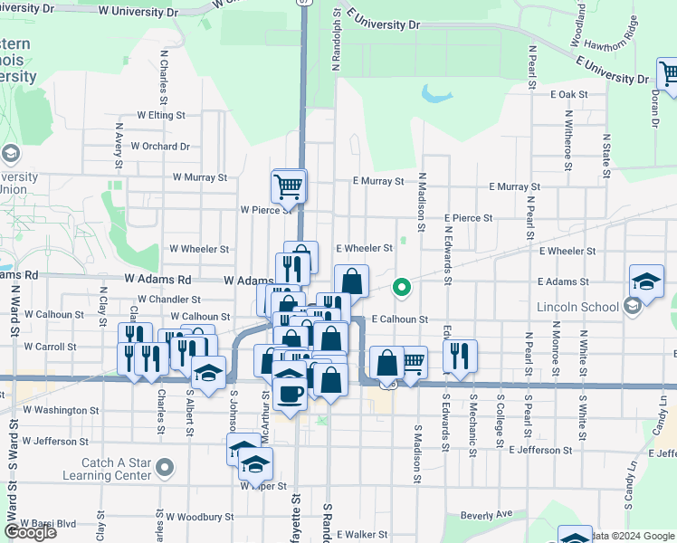 map of restaurants, bars, coffee shops, grocery stores, and more near 409 North Randolph Street in Macomb