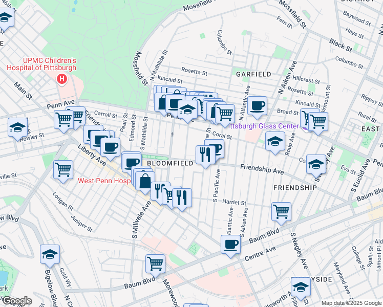 map of restaurants, bars, coffee shops, grocery stores, and more near 261 South Winebiddle Street in Pittsburgh