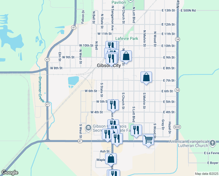map of restaurants, bars, coffee shops, grocery stores, and more near 301 West 6th Street in Gibson City