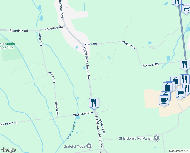 map of restaurants, bars, coffee shops, grocery stores, and more near 5 Clover Lane in Quakertown