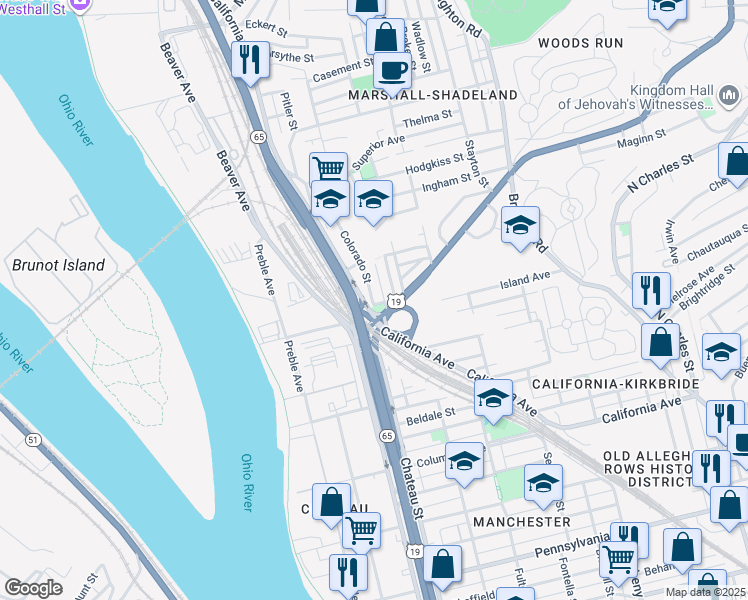 map of restaurants, bars, coffee shops, grocery stores, and more near 2316 Colorado Street in Pittsburgh
