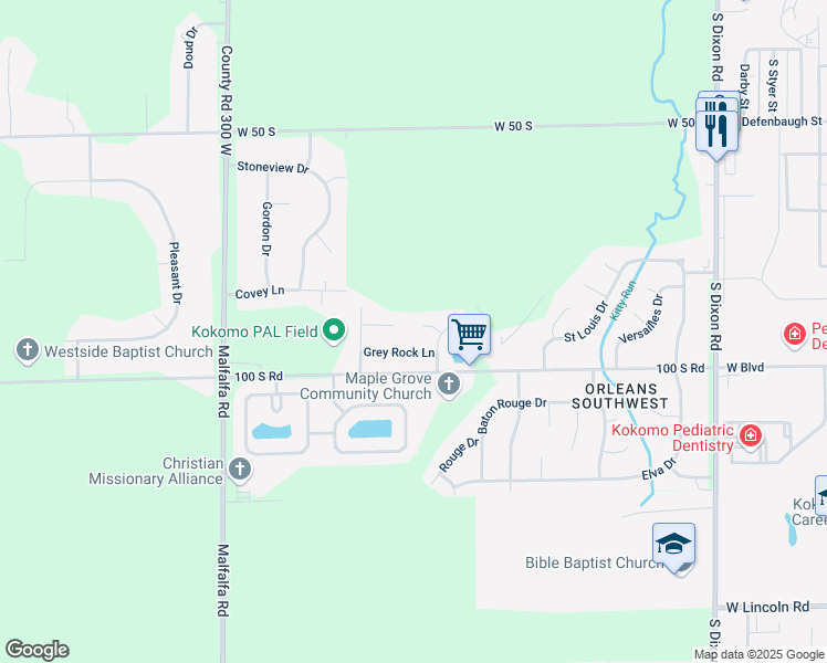 map of restaurants, bars, coffee shops, grocery stores, and more near 2522 Grey Rock Lane in Kokomo