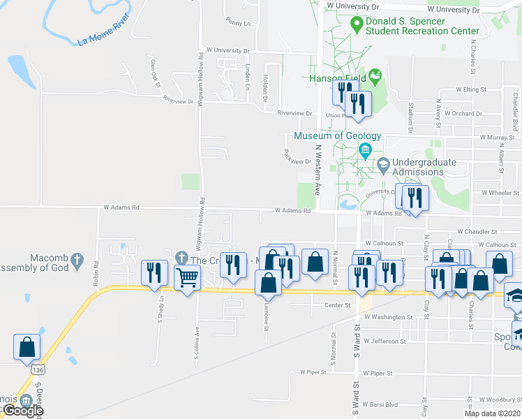 map of restaurants, bars, coffee shops, grocery stores, and more near 376 Eggers Drive in Macomb