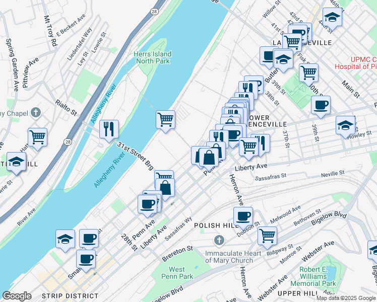 map of restaurants, bars, coffee shops, grocery stores, and more near 23 Railroad Street in Pittsburgh
