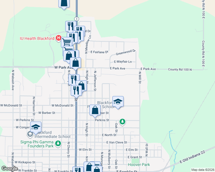 map of restaurants, bars, coffee shops, grocery stores, and more near 1414 North Mulberry Street in Hartford City