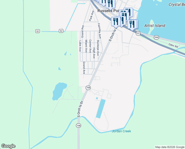 map of restaurants, bars, coffee shops, grocery stores, and more near 848 South Orchard Island Road in Russells Point