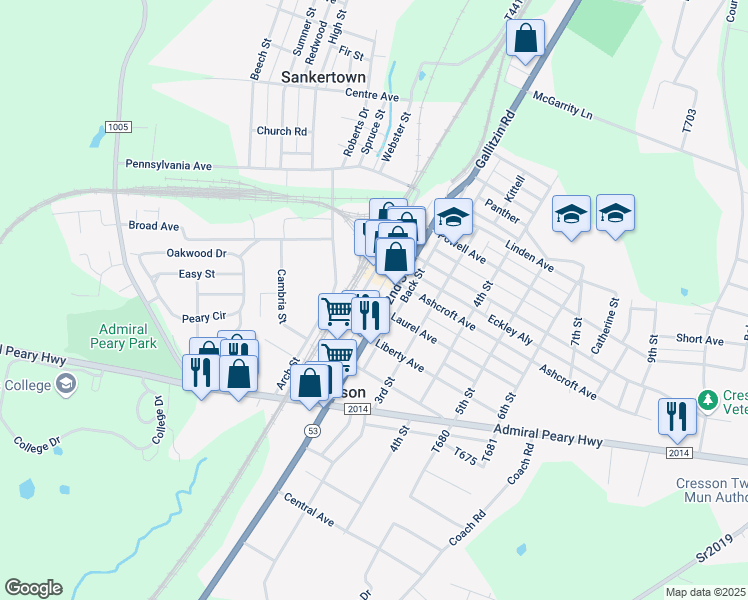 map of restaurants, bars, coffee shops, grocery stores, and more near 1st Alley in Cresson