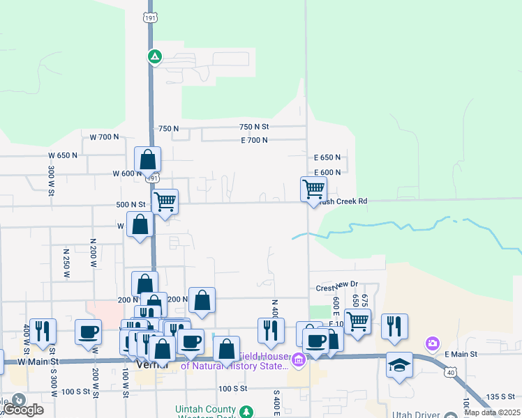 map of restaurants, bars, coffee shops, grocery stores, and more near 312 East 500 North in Vernal