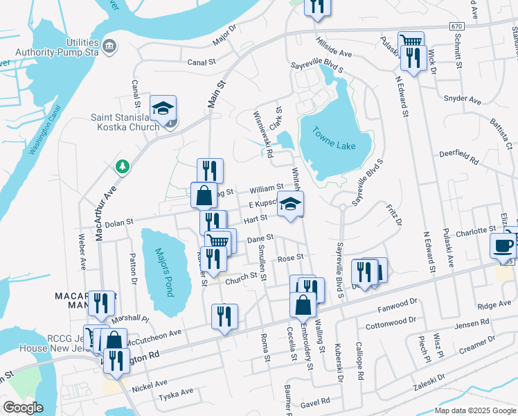 map of restaurants, bars, coffee shops, grocery stores, and more near 47 Hart Street in Sayreville