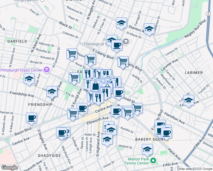 map of restaurants, bars, coffee shops, grocery stores, and more near 131 North Highland Avenue in Pittsburgh