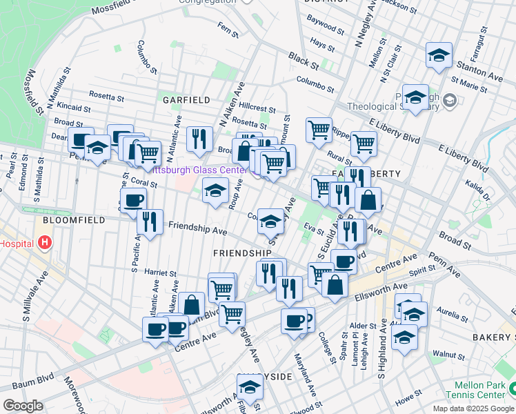 map of restaurants, bars, coffee shops, grocery stores, and more near 160 South Fairmount Street in Pittsburgh