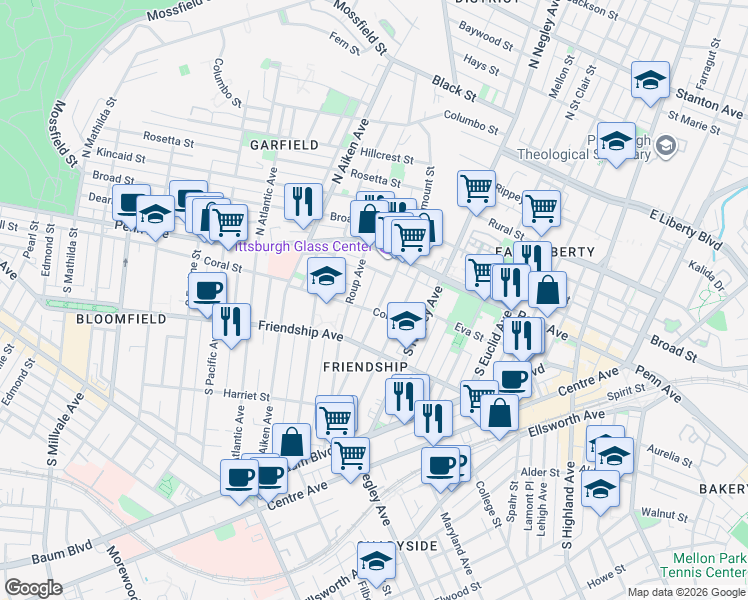 map of restaurants, bars, coffee shops, grocery stores, and more near 160 South Fairmount Street in Pittsburgh