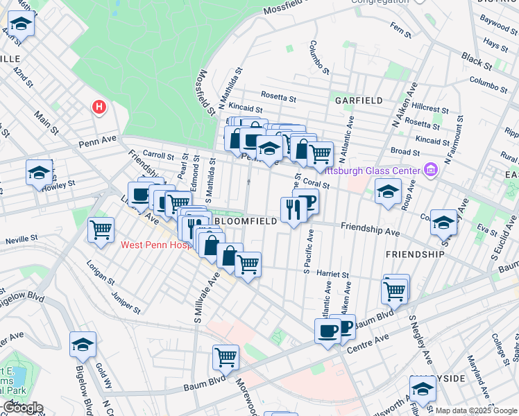 map of restaurants, bars, coffee shops, grocery stores, and more near in Pittsburgh