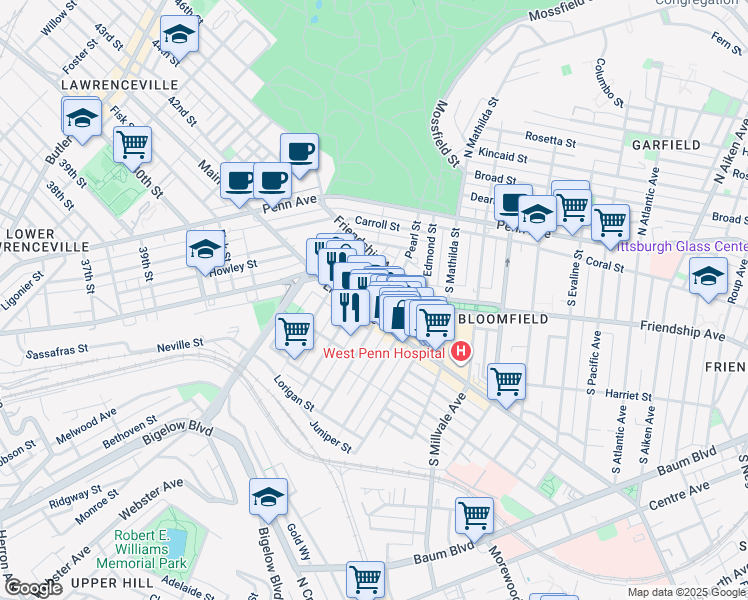 map of restaurants, bars, coffee shops, grocery stores, and more near 4623 Liberty Avenue in Pittsburgh