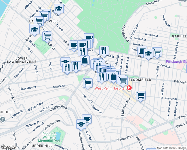 map of restaurants, bars, coffee shops, grocery stores, and more near 333 Darsie Street in Pittsburgh