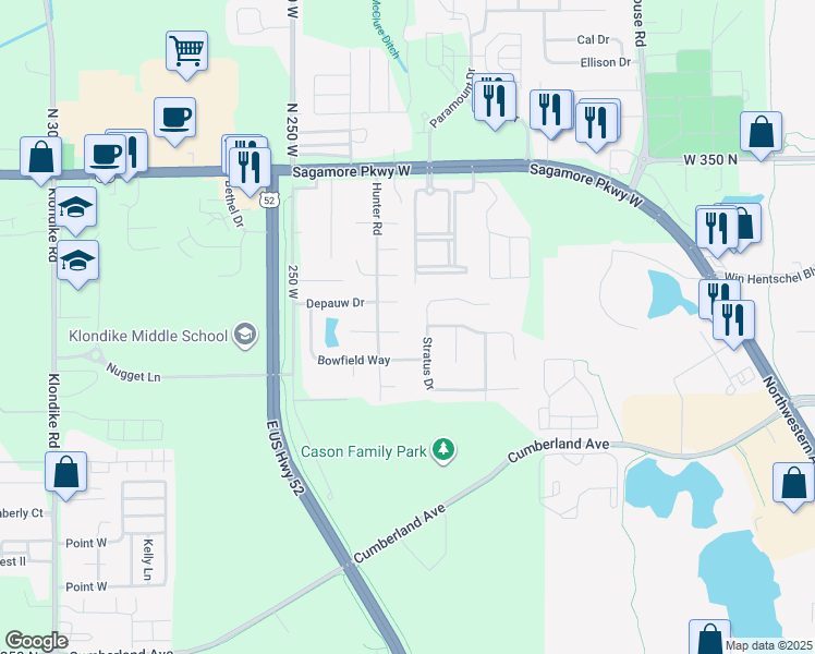 map of restaurants, bars, coffee shops, grocery stores, and more near 3144 Stratus Drive in West Lafayette
