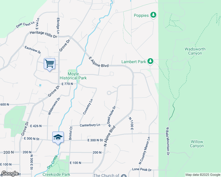 map of restaurants, bars, coffee shops, grocery stores, and more near 935 East Quail Ridge Circle in Alpine
