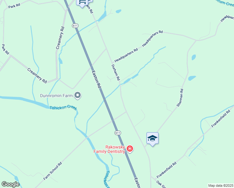 map of restaurants, bars, coffee shops, grocery stores, and more near 135 Durham Road in Ottsville