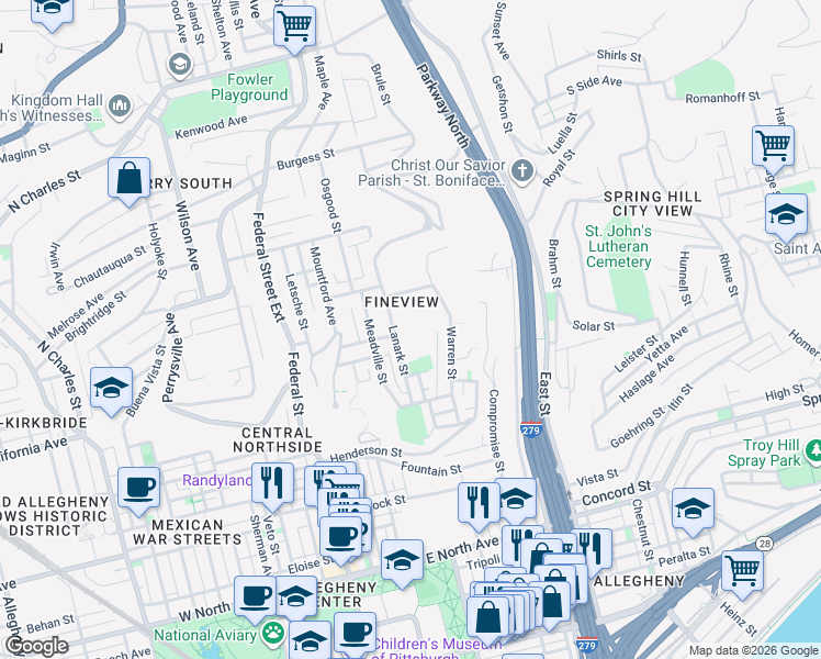 map of restaurants, bars, coffee shops, grocery stores, and more near 81 Edenvale Street in Pittsburgh