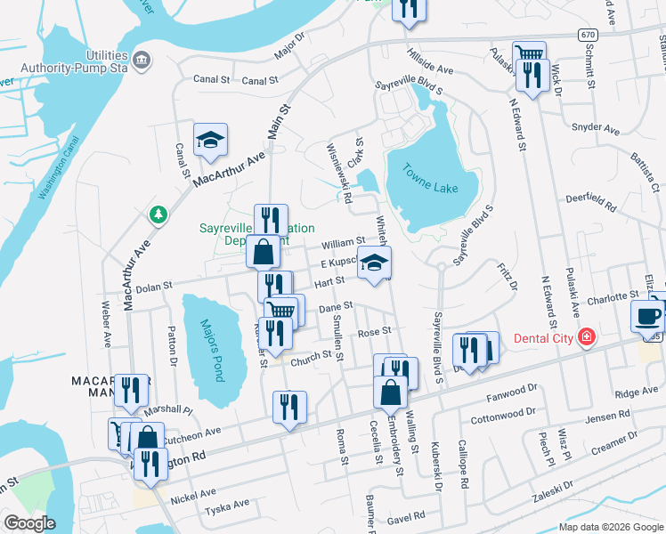 map of restaurants, bars, coffee shops, grocery stores, and more near 16 East Kupsch Street in Sayreville
