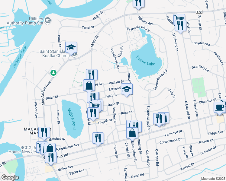 map of restaurants, bars, coffee shops, grocery stores, and more near 47 Hart Street in Sayreville