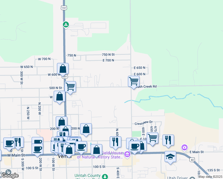 map of restaurants, bars, coffee shops, grocery stores, and more near 312 East 500 North in Vernal