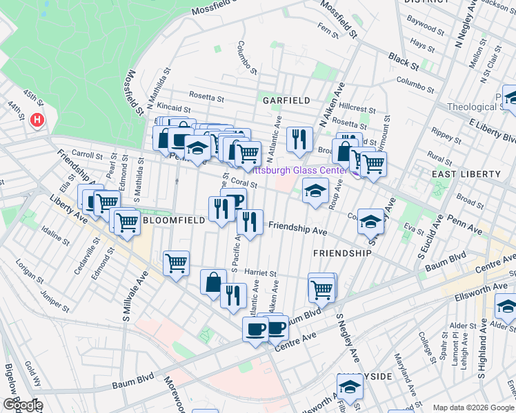 map of restaurants, bars, coffee shops, grocery stores, and more near 246 South Atlantic Avenue in Pittsburgh