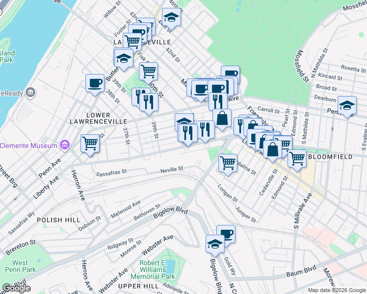 map of restaurants, bars, coffee shops, grocery stores, and more near Liberty Avenue & 40th Street in Pittsburgh