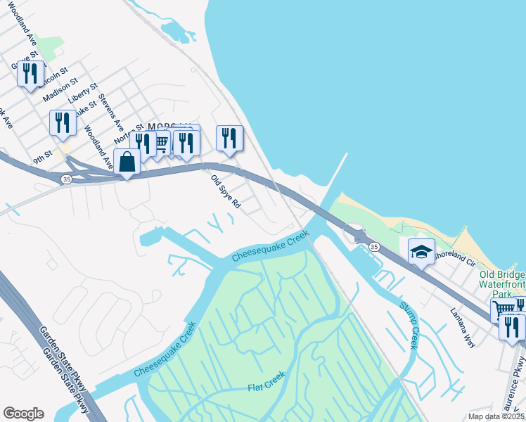 map of restaurants, bars, coffee shops, grocery stores, and more near 99 Morgan Avenue in South Amboy