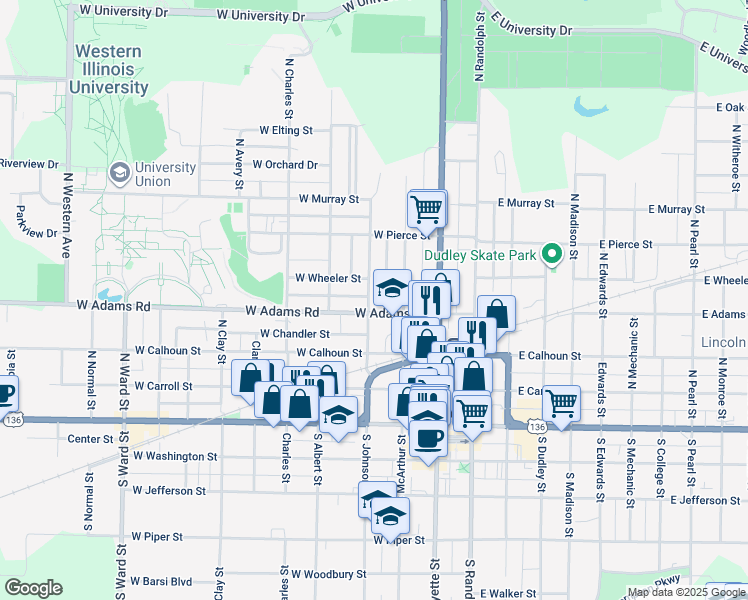 map of restaurants, bars, coffee shops, grocery stores, and more near 409 North Johnson Street in Macomb