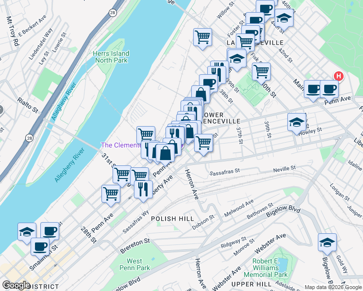 map of restaurants, bars, coffee shops, grocery stores, and more near 3338 Mulberry Street in Pittsburgh
