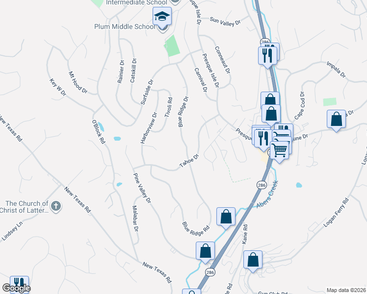 map of restaurants, bars, coffee shops, grocery stores, and more near 697 Blue Ridge Road in Pittsburgh