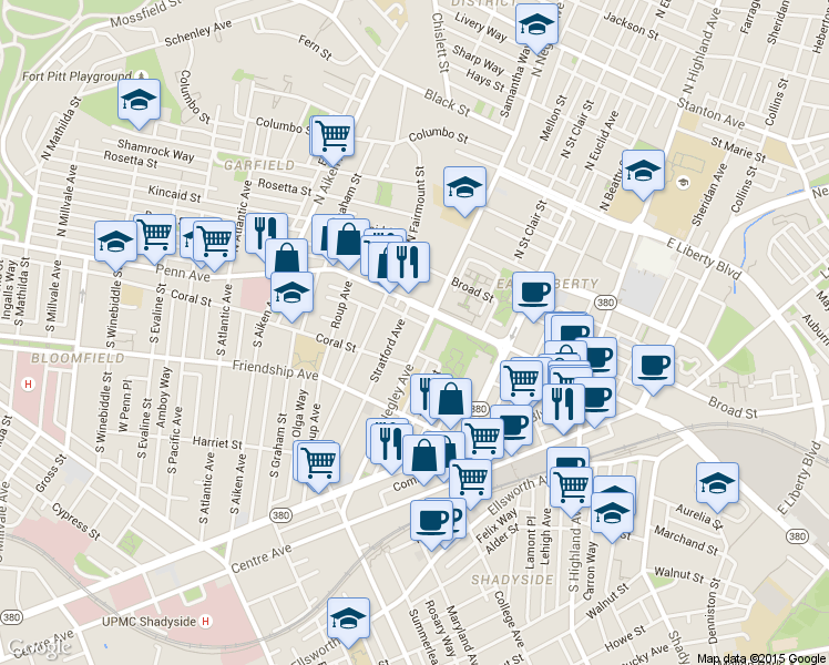 map of restaurants, bars, coffee shops, grocery stores, and more near 137 Stratford Avenue in Pittsburgh