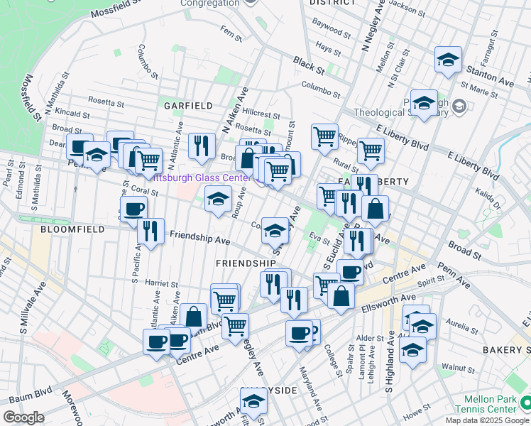 map of restaurants, bars, coffee shops, grocery stores, and more near 160 South Fairmount Street in Pittsburgh