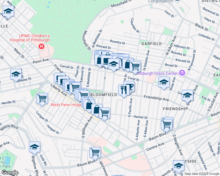 map of restaurants, bars, coffee shops, grocery stores, and more near in Pittsburgh