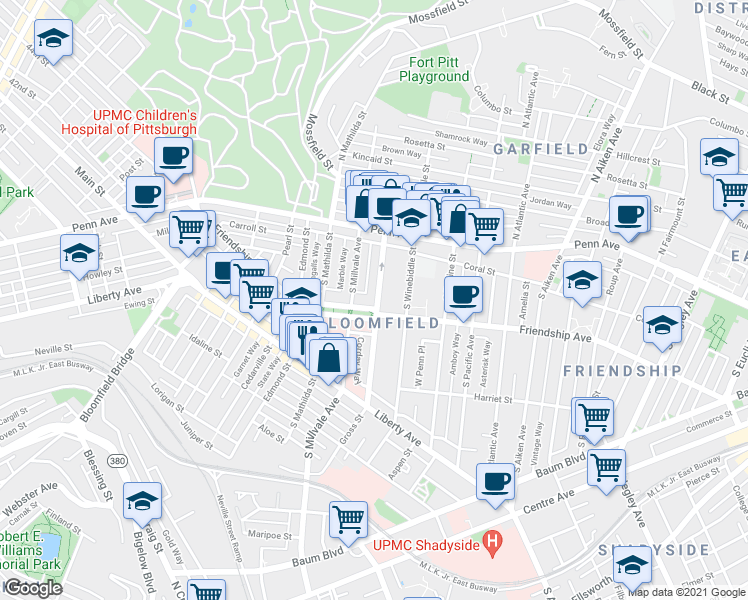 map of restaurants, bars, coffee shops, grocery stores, and more near in Pittsburgh