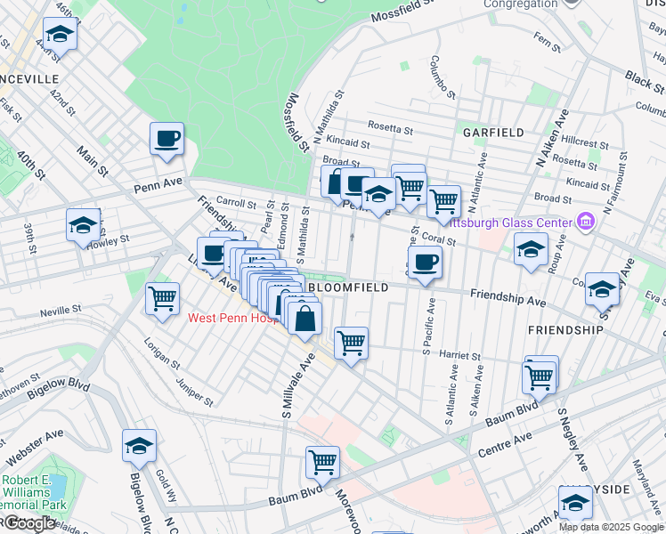 map of restaurants, bars, coffee shops, grocery stores, and more near in Pittsburgh