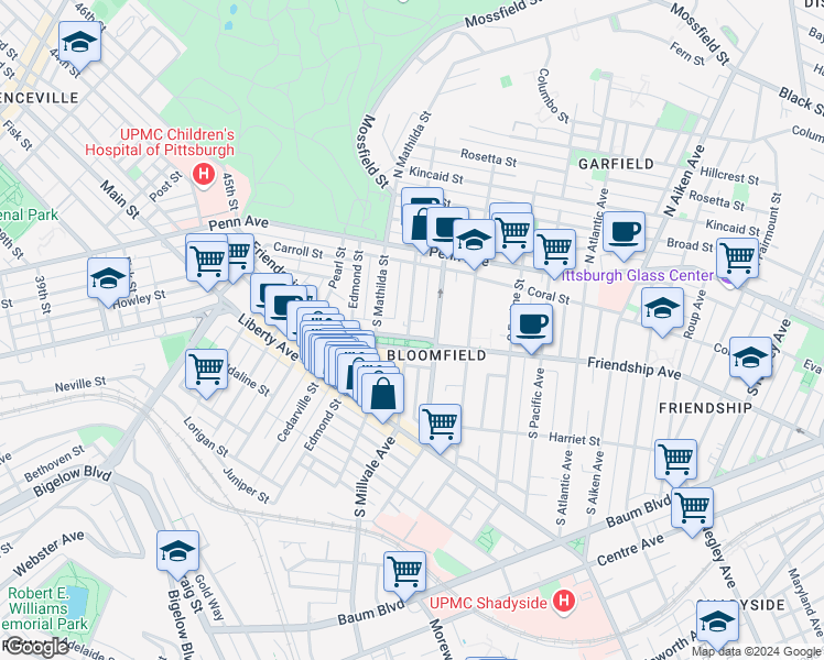 map of restaurants, bars, coffee shops, grocery stores, and more near in Pittsburgh