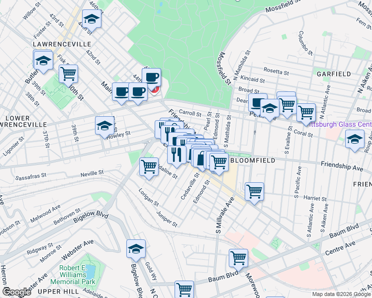 map of restaurants, bars, coffee shops, grocery stores, and more near 4623 Liberty Avenue in Pittsburgh
