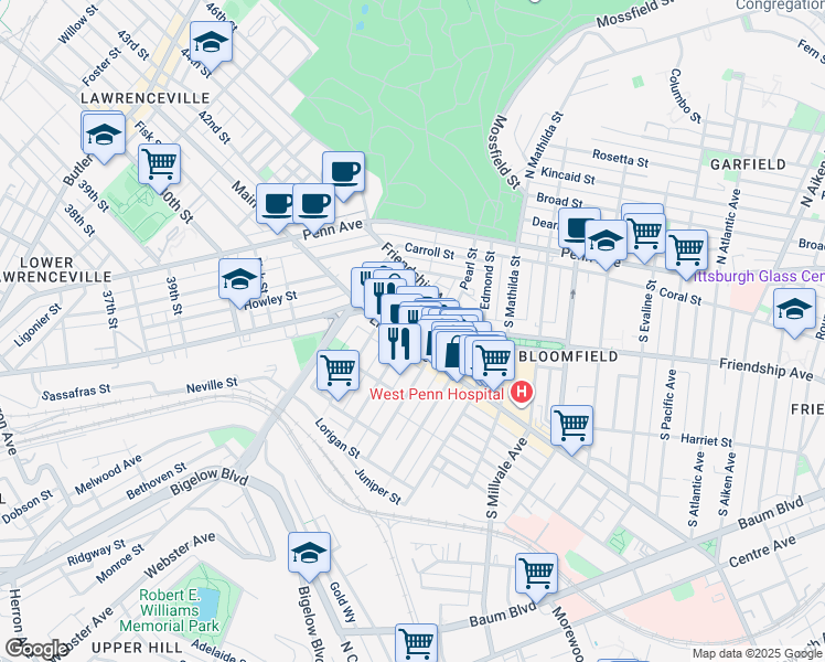map of restaurants, bars, coffee shops, grocery stores, and more near 4623 Liberty Avenue in Pittsburgh