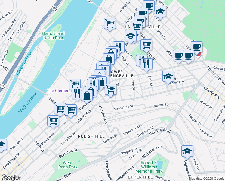map of restaurants, bars, coffee shops, grocery stores, and more near 3500 Denny Street in Pittsburgh