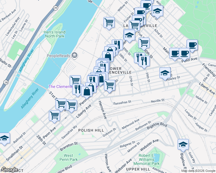 map of restaurants, bars, coffee shops, grocery stores, and more near 3500 Denny Street in Pittsburgh