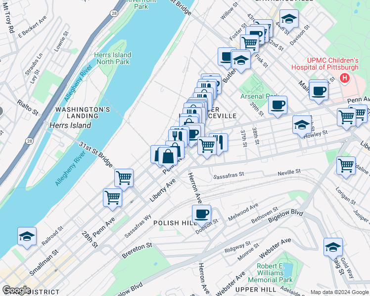 map of restaurants, bars, coffee shops, grocery stores, and more near 3338 Mulberry Street in Pittsburgh