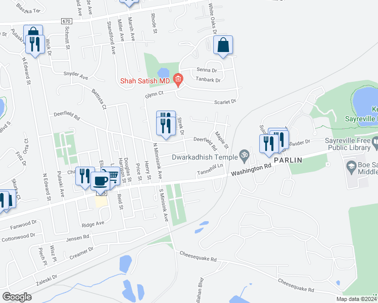map of restaurants, bars, coffee shops, grocery stores, and more near 10 University Place in Sayreville